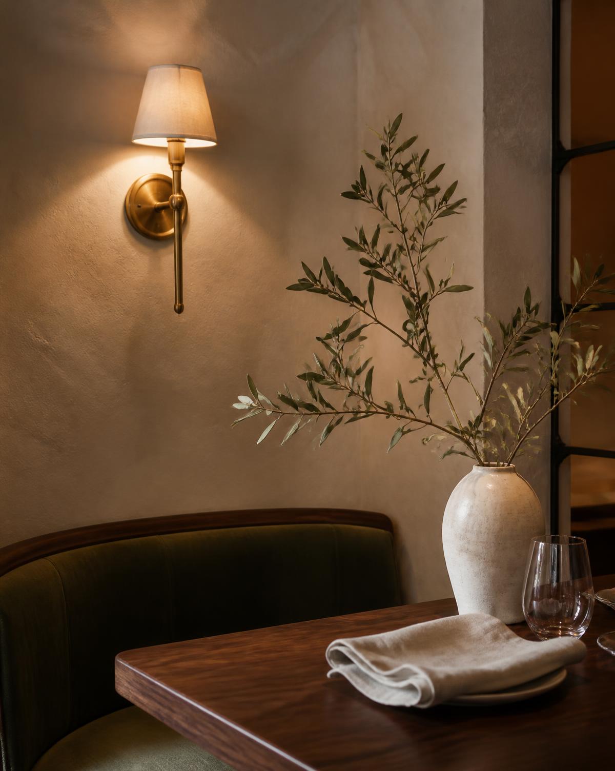 Angolo della sala con panca in velluto verde, applique in ottone e ramo d'olivo