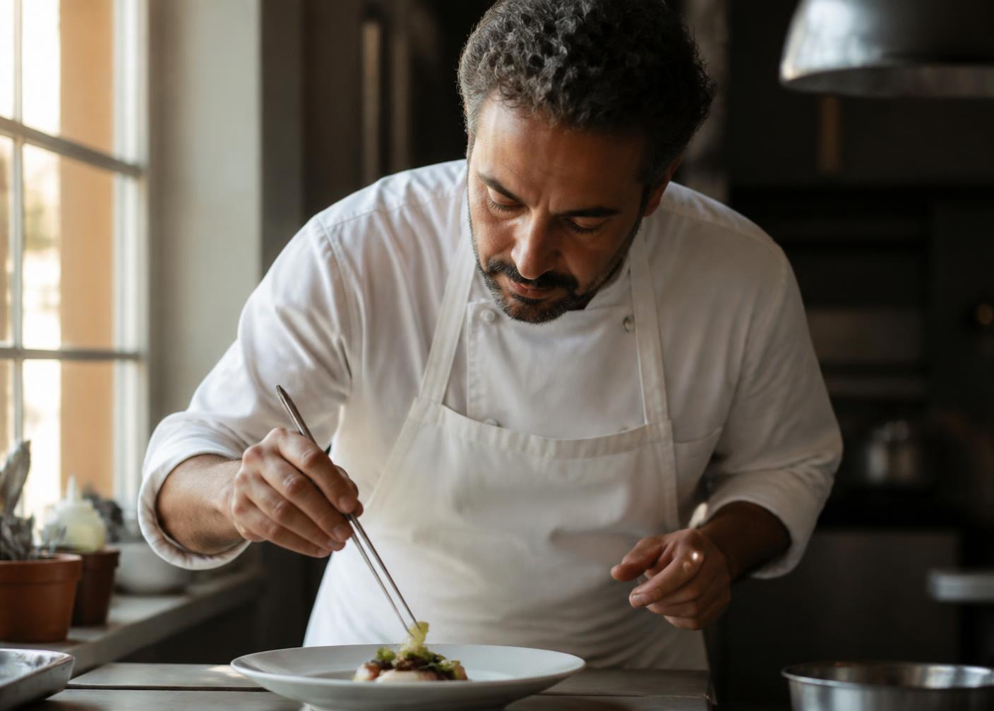 Lo chef dell'Osteria Aurelia rifinisce un piatto in cucina alla luce della finestra
