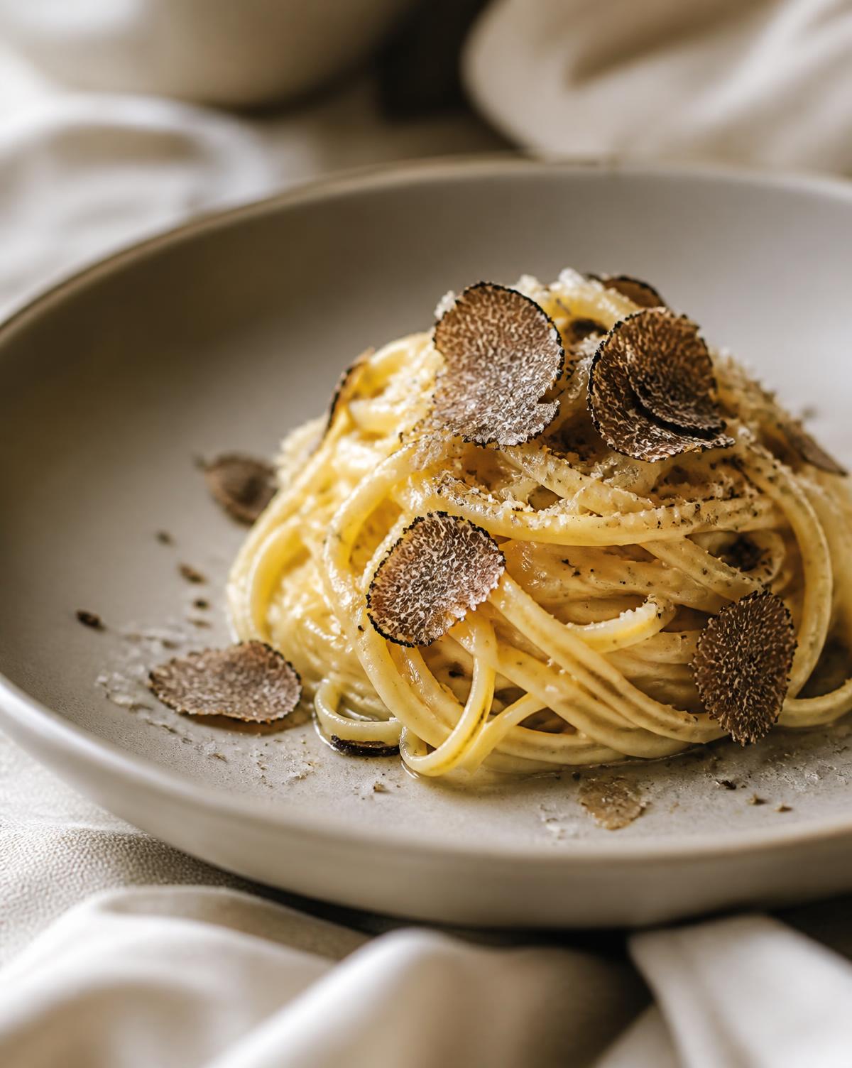 Tagliolini fatti a mano con lamelle di tartufo nero in un piatto fondo