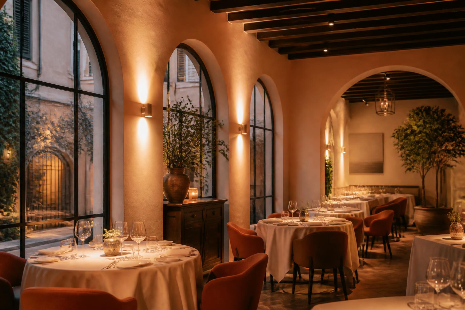 Sala dell'Osteria Aurelia con tavoli in lino e archi illuminati al tramonto