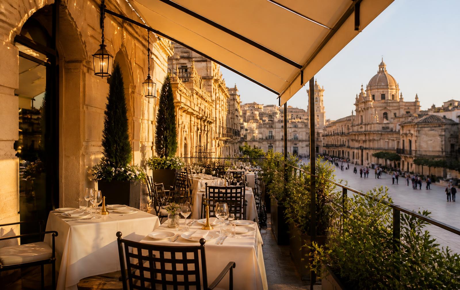 Terrazza dell'Osteria Aurelia con tavoli apparecchiati sul centro storico al tramonto