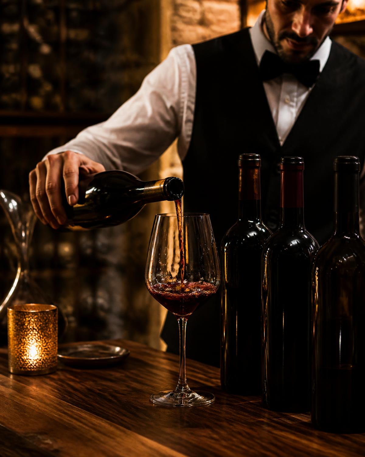 Sommelier che versa vino rosso in un calice accanto alle bottiglie della carta